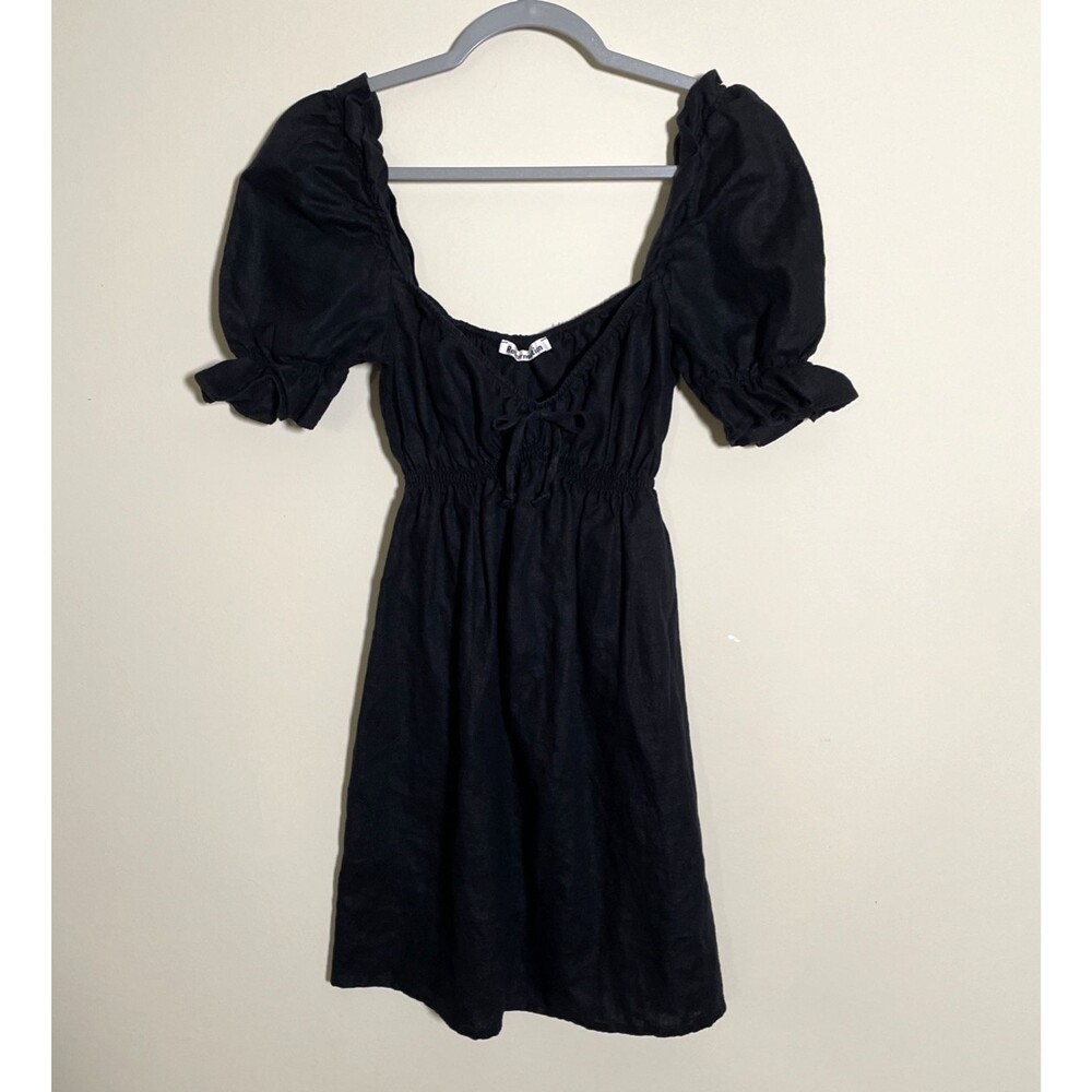 Reformation 100% Linen Puff Sleeved Channa Mini Dress Size Small Black Made Usa - Picture 2 of 8